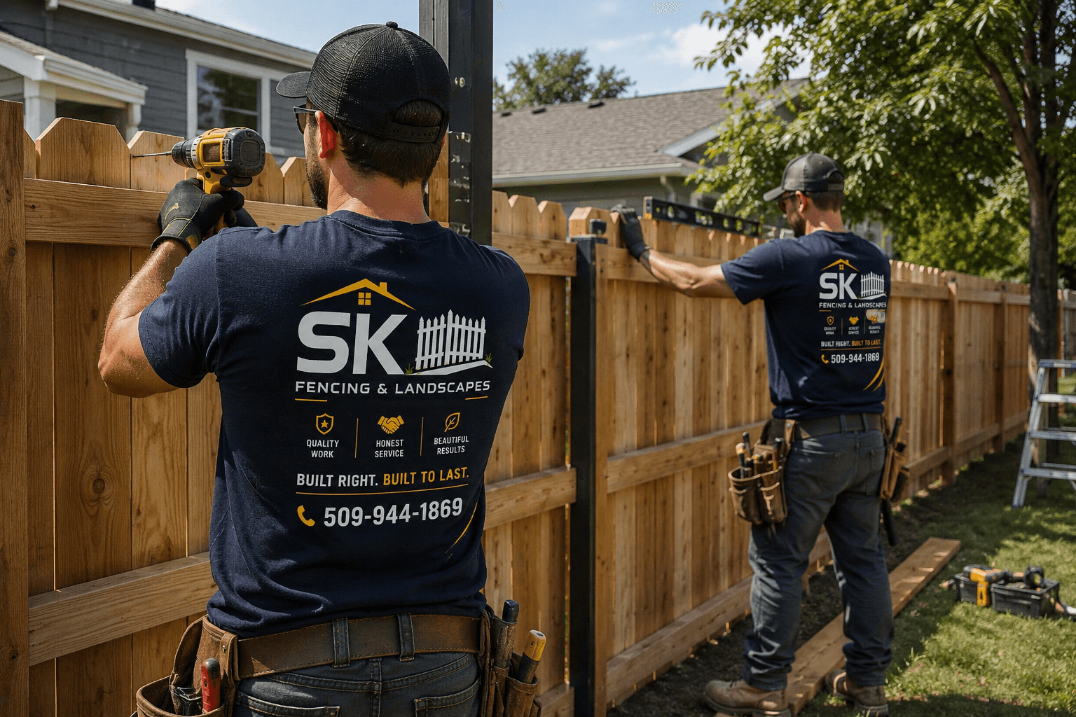 SK Fencing & Landscapes crew installing a cedar fence in Spokane