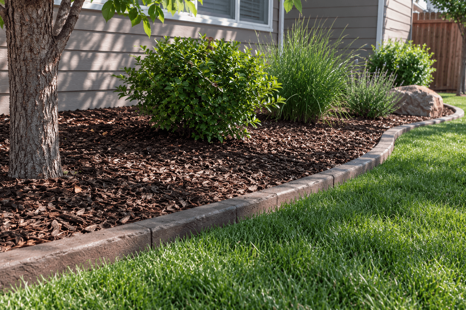 Decorative concrete curb edging separating a mulch bed from a healthy lawn in Spokane