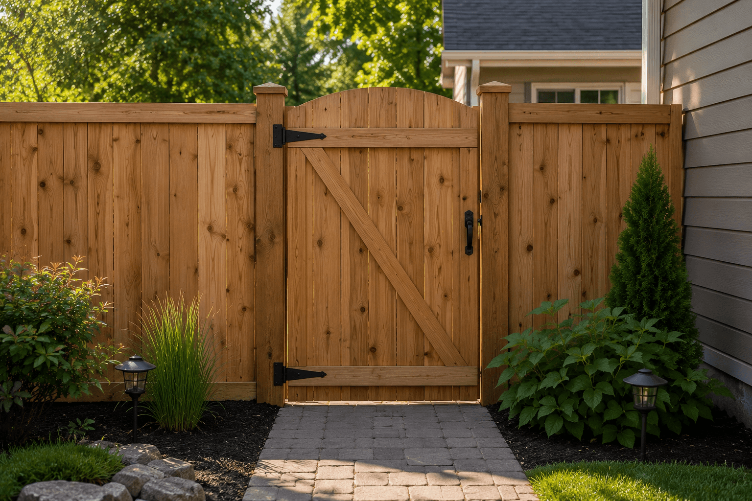 Custom arched cedar fence gate with black decorative hardware in Spokane