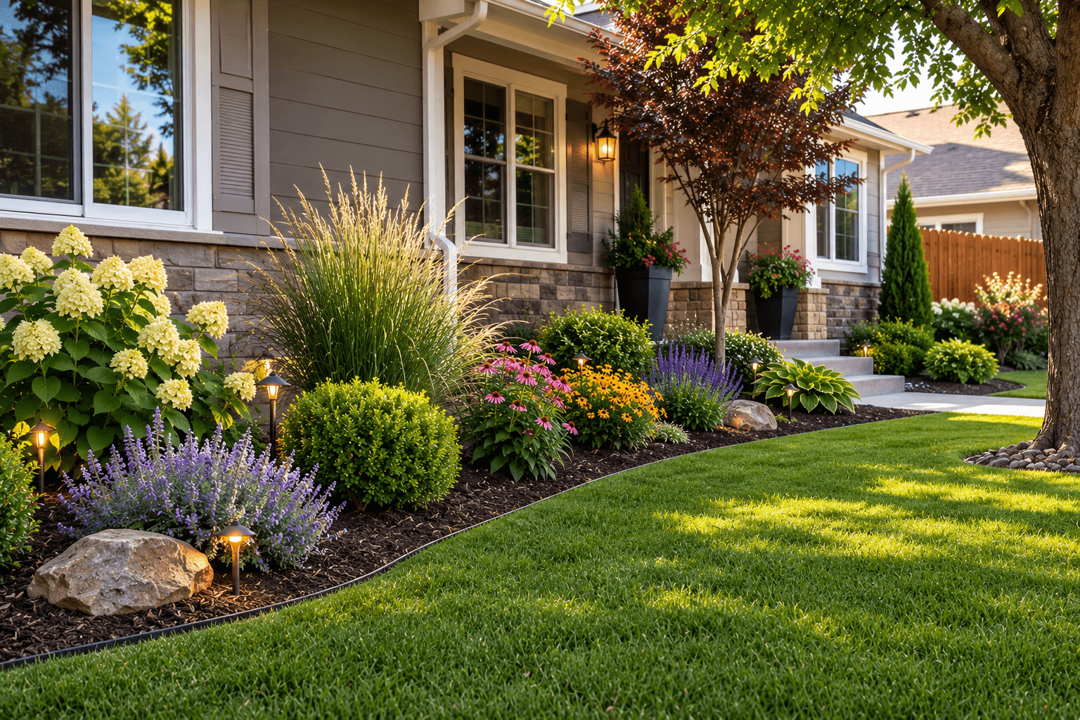 Professionally designed and installed landscape with fresh plantings in Spokane
