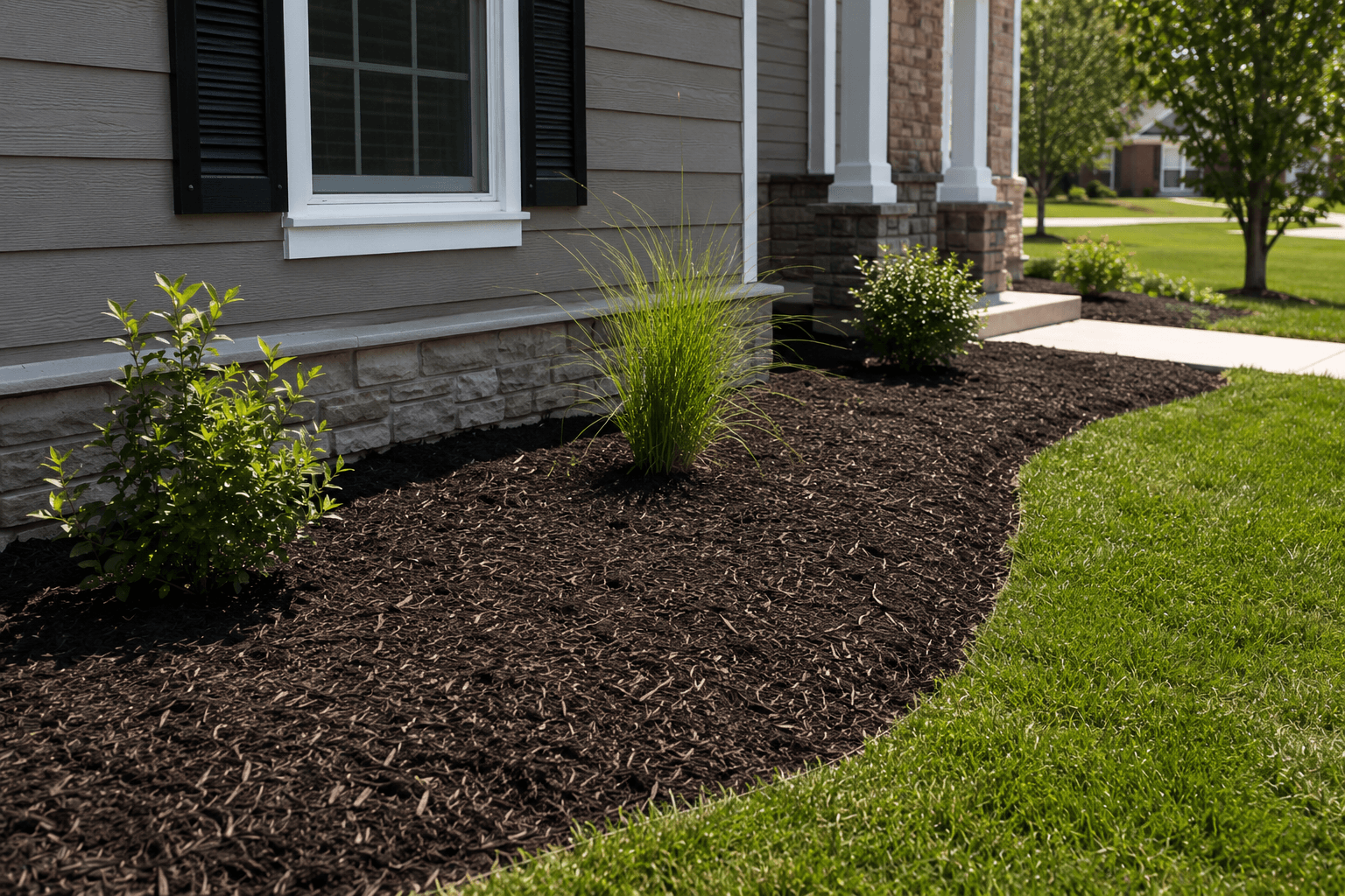 Freshly installed dark mulch beds around a Spokane home with healthy shrubs