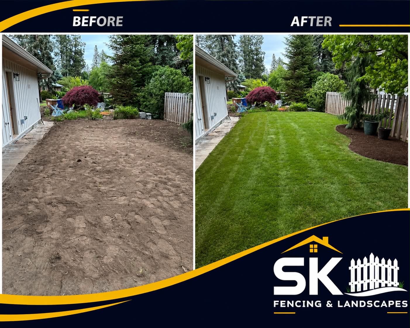 Before and after of a bare-dirt Spokane backyard transformed into a lush green sod lawn