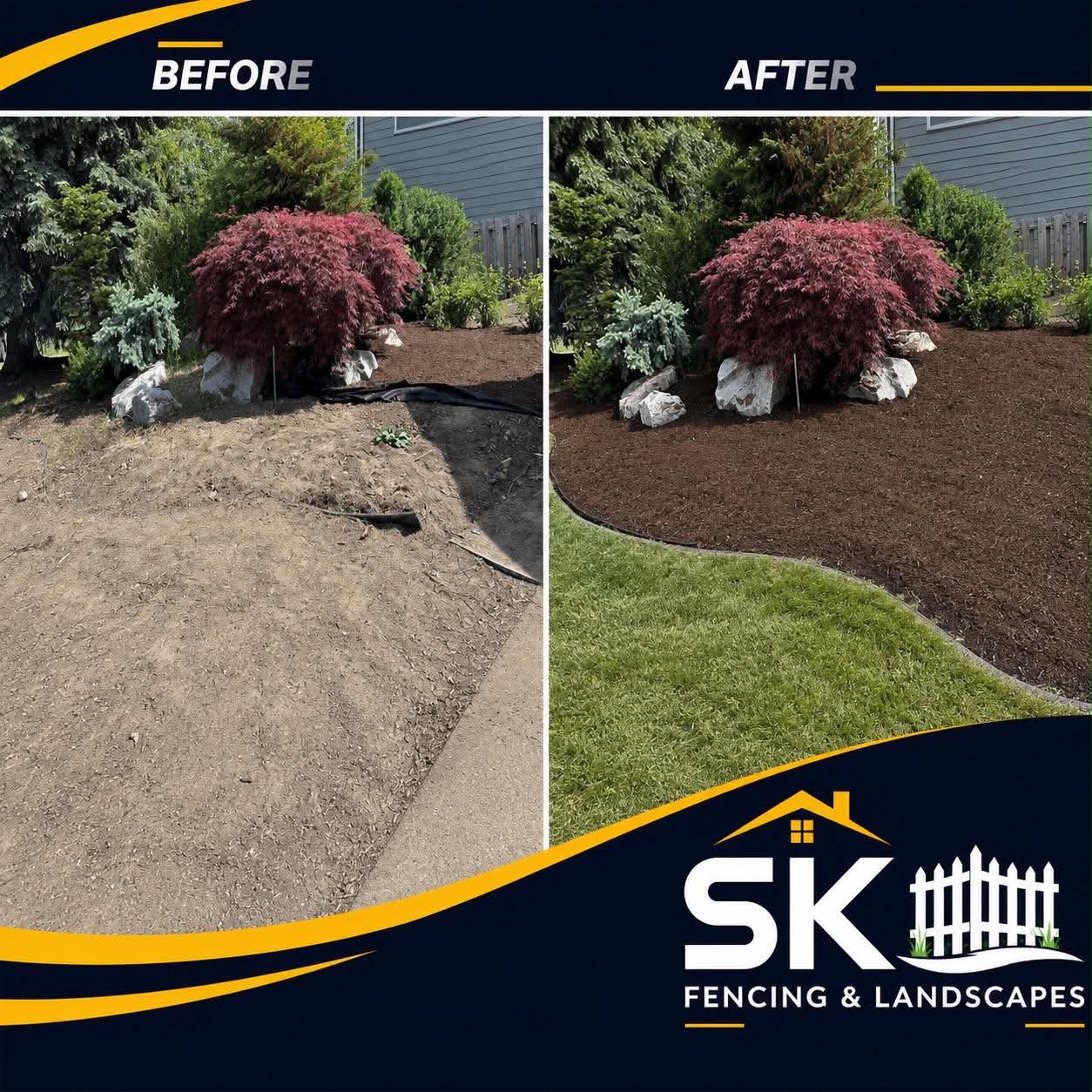 Before and after of a dirt front yard finished with fresh sod and a curved mulch bed with boulders
