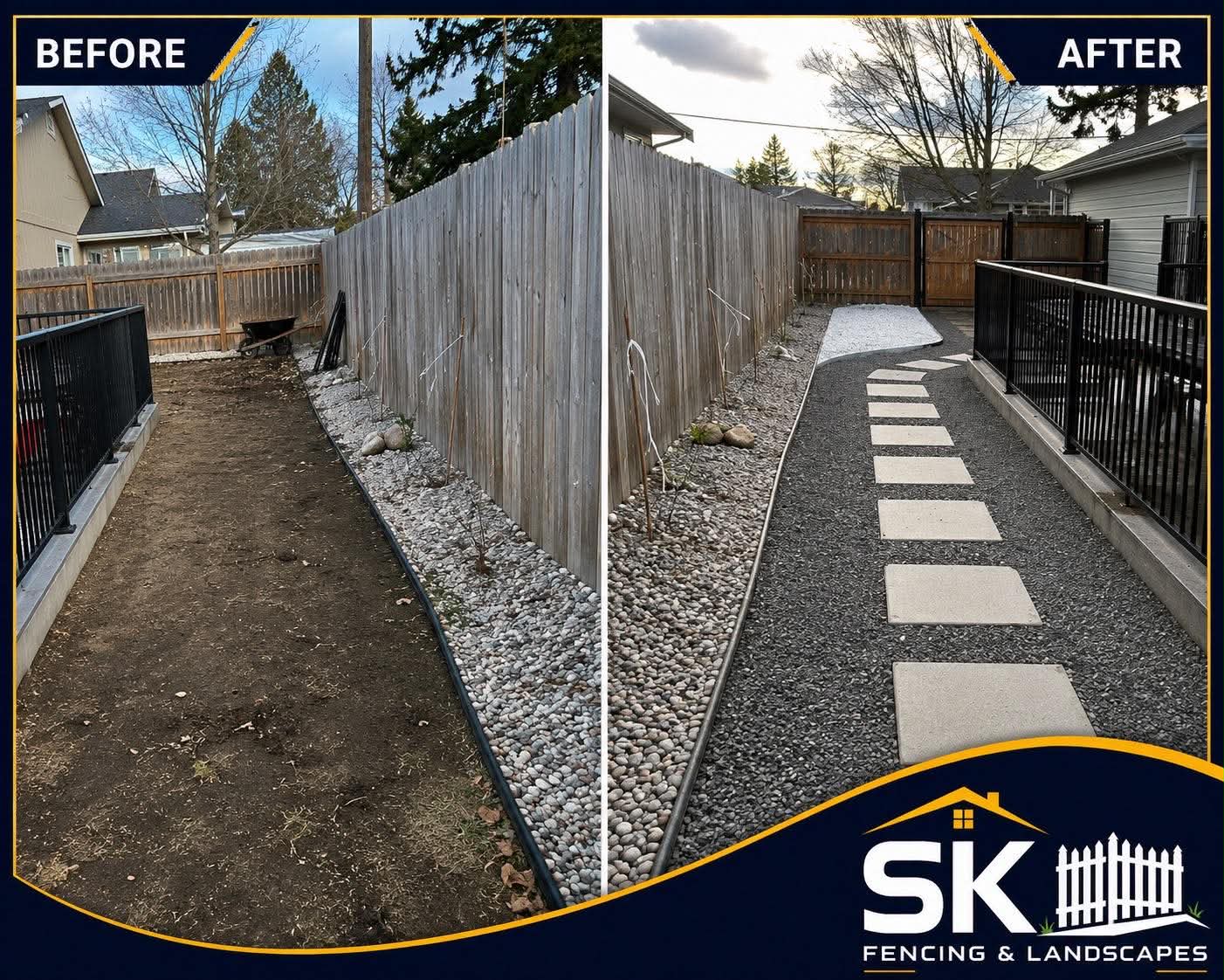 Before and after of a muddy side yard turned into a gravel walkway with paver stepping stones