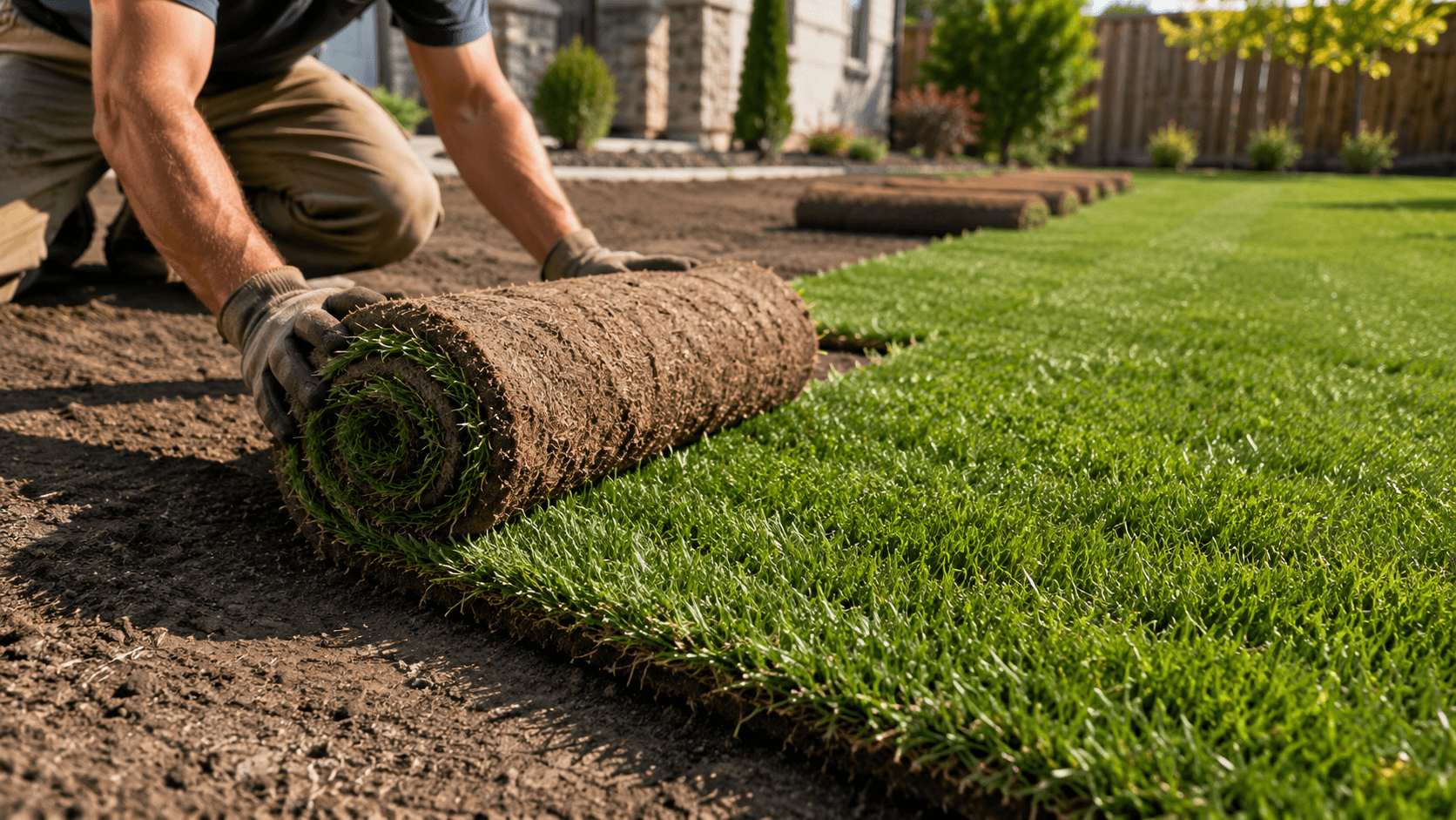 Landscaper rolling out fresh rolls of sod to create a lush green lawn at a Spokane home
