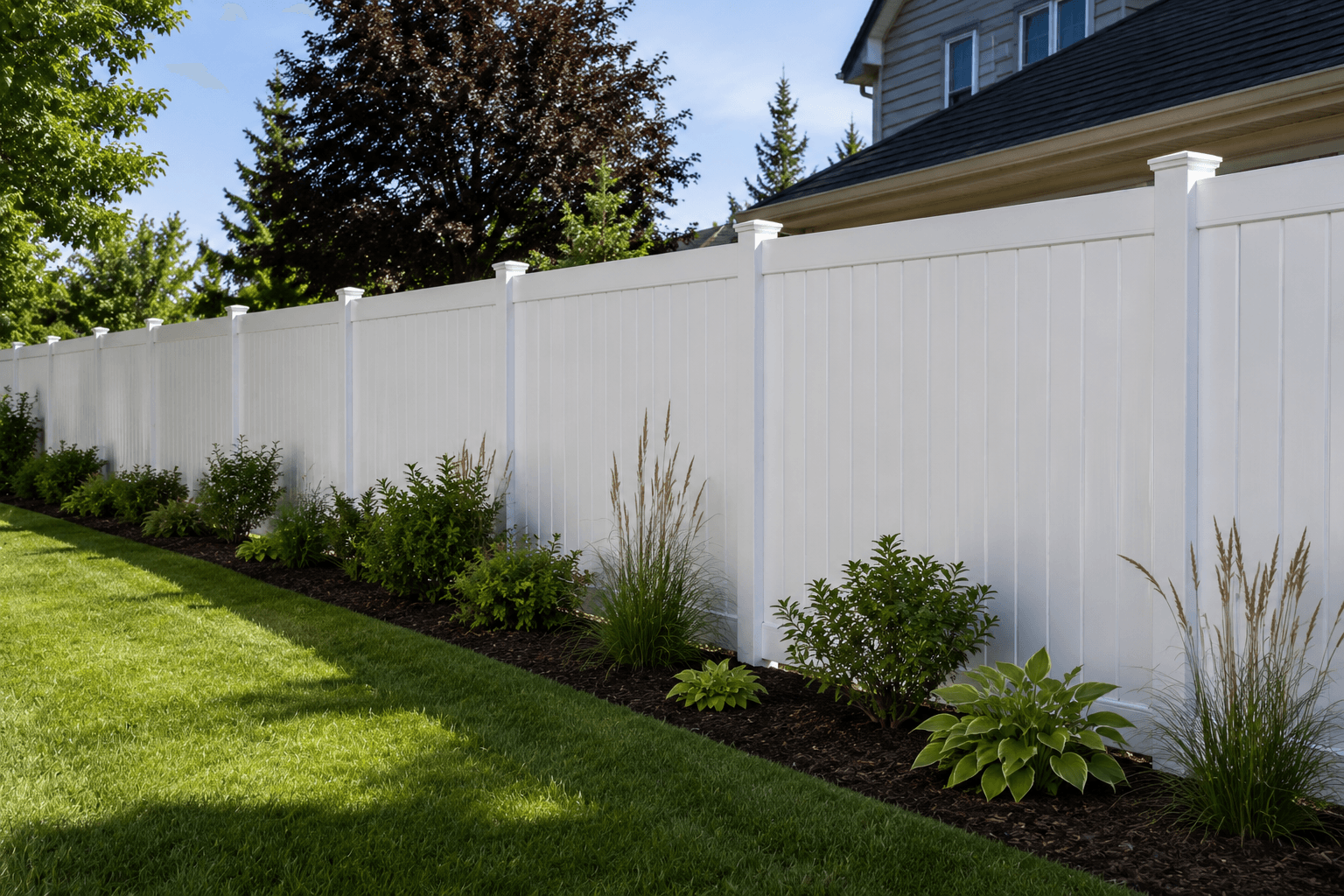 White vinyl privacy fence installed along a landscaped Spokane property line
